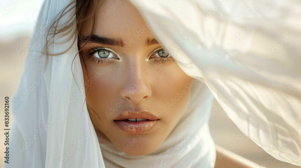 portrait of a beautiful Arab woman with makeup in a white headscarf. young muslim woman wearing a hijab desert portrait of a beautiful Arab woman with makeup in a white headscarf. young muslim woman wearing a hijab desert