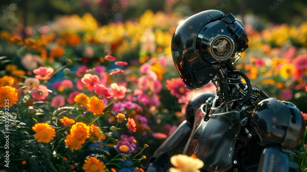 A futuristic black cyborg robot is standing in a vibrant flower garden A futuristic black cyborg robot is standing in a vibrant flower garden