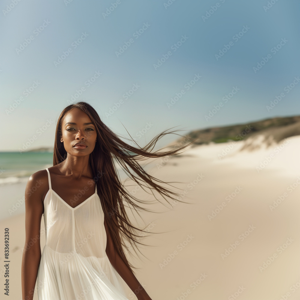 african american model standing next to ocean, posing in summer dress; portrait of young woman on the beach model looking directly into camera long black hairs blowed by the wind; space for text