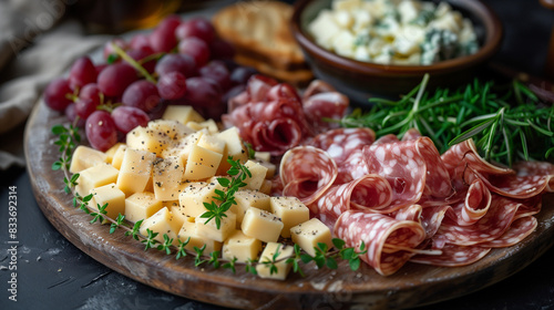 Rich antipasti fingerfood appetizer plate with ham salami and hard and soft cheese and some tomatoes or grape and herbs as a decoration
