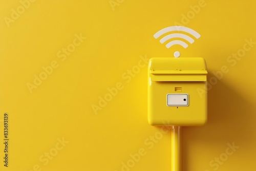 Gentle pastel yellow backdrop with a 3D mailbox and dynamic flying letters connected by a WiFi icon, in a flat minimalstyle, ideal for illustrating internet mail services photo