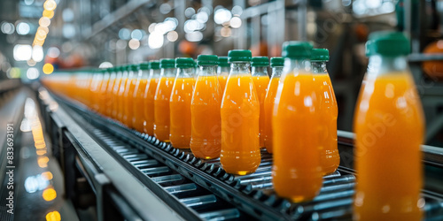 Bottles of orange juice on a production line in a modern factory setting with vibrant colors and high-quality detail 