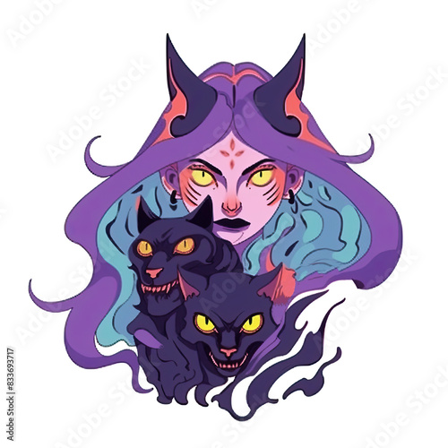 An illustration of a woman and two black demon cats