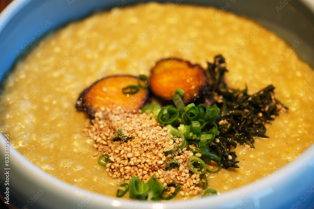 Korean Jeonbok-juk (abalone rice porridge) close up. Korean cuisine ...