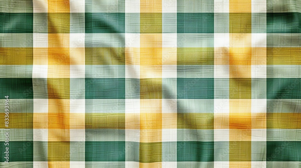Close-up of green and yellow plaid fabric pattern with a textured, wrinkled appearance. Ideal for backgrounds or textile designs.