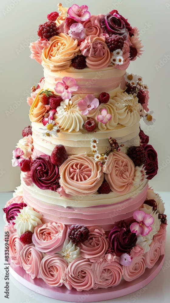 Extravagant Birthday Cake in Beige and Magenta with Backlighting on White Background