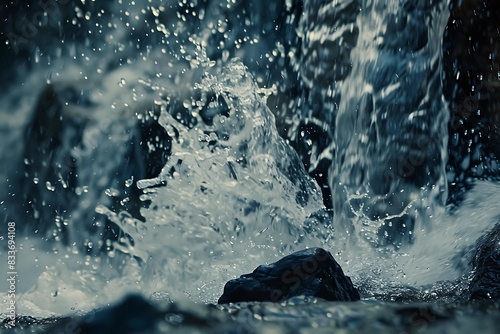 The dynamic splash of a waterfall hitting the rocks below photo