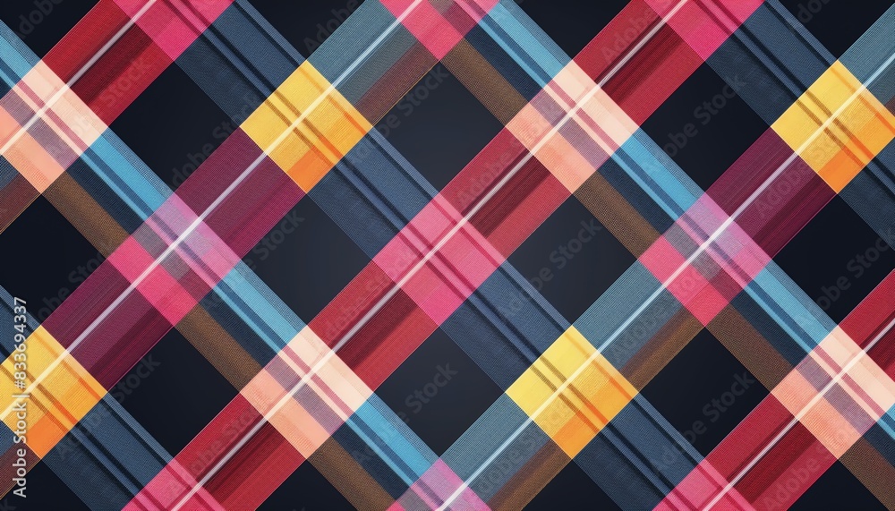 Colorful plaid pattern with overlapping stripes in various shades of red, blue, yellow, and black - vibrant and dynamic textile design. Colorful plaid pattern with overlapping stripes in various shades of red, blue, yellow, and black - vibrant and dynamic textile design.