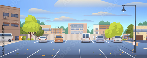 Parking area with cars in small town. Urban flat vector illustration