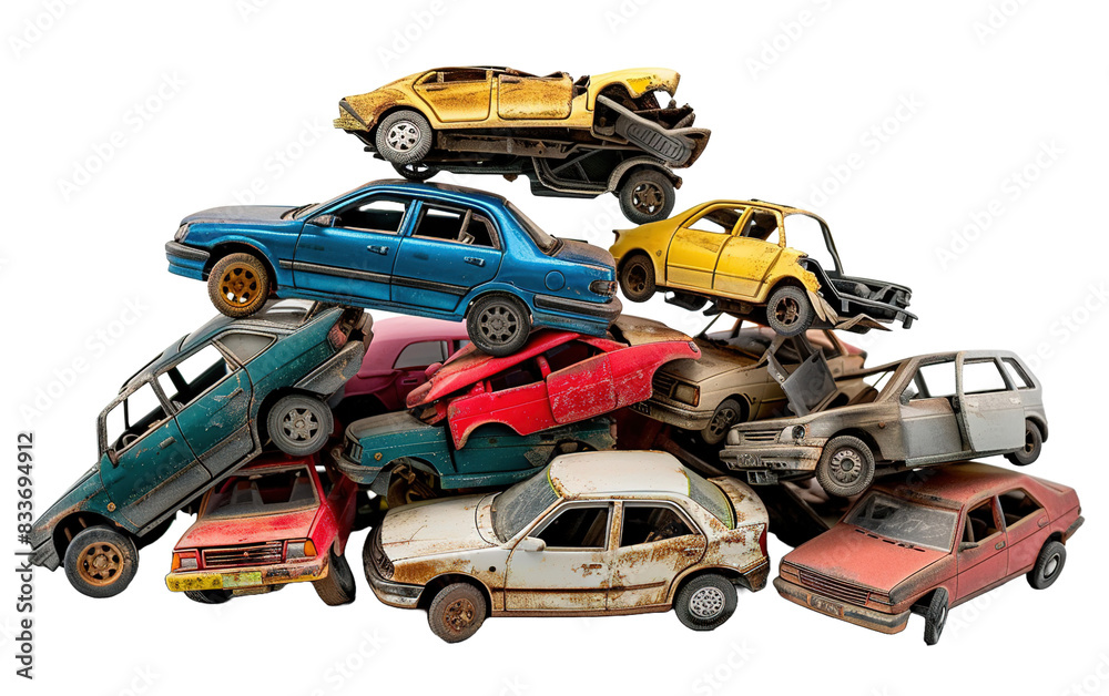 Fototapeta premium Pile of recycled waste cars on transparent background, png