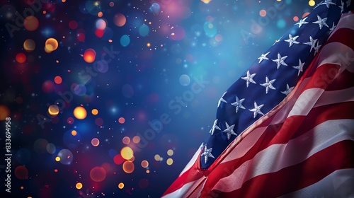 Patriotic image of the American flag with festive bokeh lights in the background, symbolizing celebration and national pride. photo