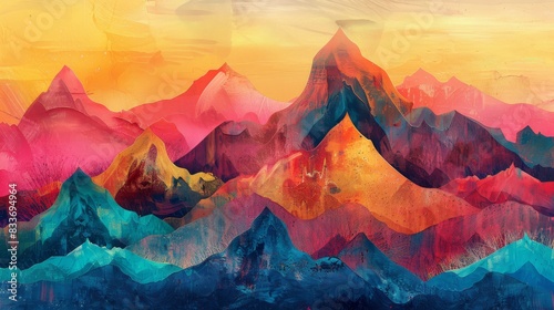 Abstract Mountain Ranges, Stylized, colorful mountain ranges with surreal elements, such as inverted peaks photo