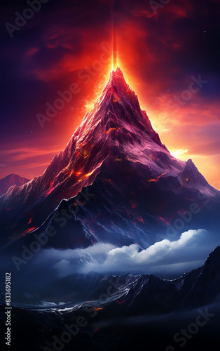 Fiery mountain peak erupting with intense light against a dramatic sky.