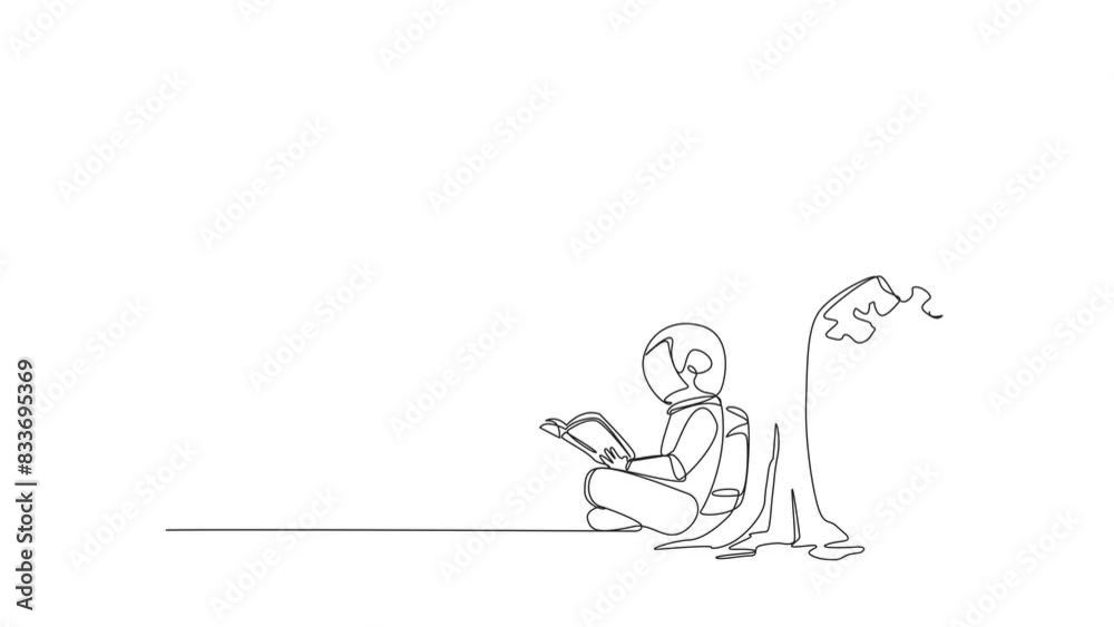 Animated self drawing of continuous line drawing astronaut sitting reading book under shady tree. Continuing second volume of the fiction story book. Enjoy reading. Full length single line animation Animated self drawing of continuous line drawing astronaut sitting reading book under shady tree. Continuing second volume of the fiction story book. Enjoy reading. Full length single line animation