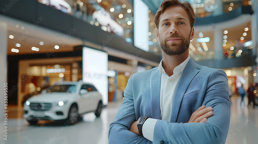 Photo realistic Automotive ambassador showcasing automotive board in a shopping mall featuring car deals and promotions. Ideal for automotive and retail marketing campaigns. Photo Photo realistic Automotive ambassador showcasing automotive board in a shopping mall featuring car deals and promotions. Ideal for automotive and retail marketing campaigns. Photo