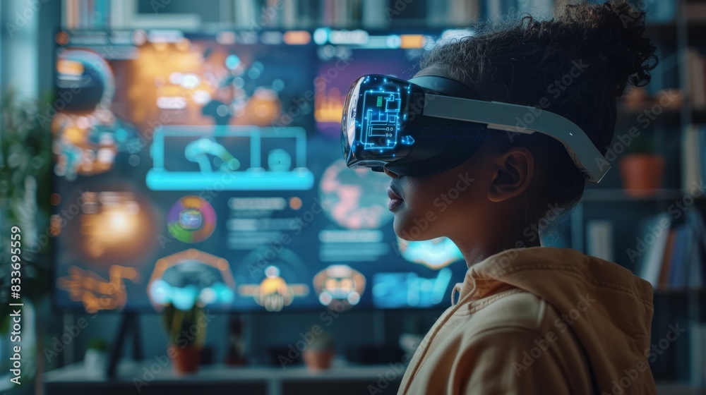 Kid using VR Goggles for learning at home. Modern learning. Kid using VR Goggles for learning at home. Modern learning.