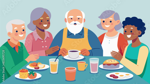 A group of retirees sitting together at a table serving plates of food with smiles on their faces as they catch up on each others lives and volunteer. Vector illustration