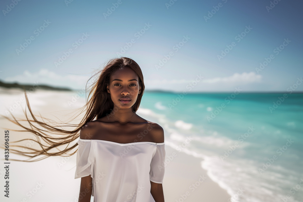 african american model standing next to ocean, posing in summer dress; portrait of young woman on the beach model looking directly into camera long black hairs blowed by the wind; space for text african american model standing next to ocean, posing in summer dress; portrait of young woman on the beach model looking directly into camera long black hairs blowed by the wind; space for text