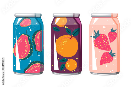Soda with various fruit flavors, peach, guava, strawberry. A set of carbonated drinks in aluminum cans. Summer refreshing lemonades, juices, cocktails. Vector illustration.