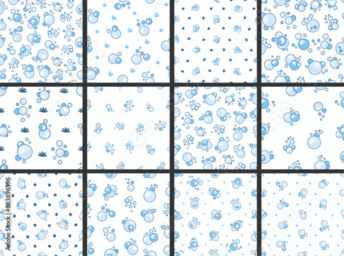 Flying soap bubbles shapes. Seamless pattern. Bath, shampoo, shaving. Hand drawn style. Vector drawing. Collection of design ornaments.