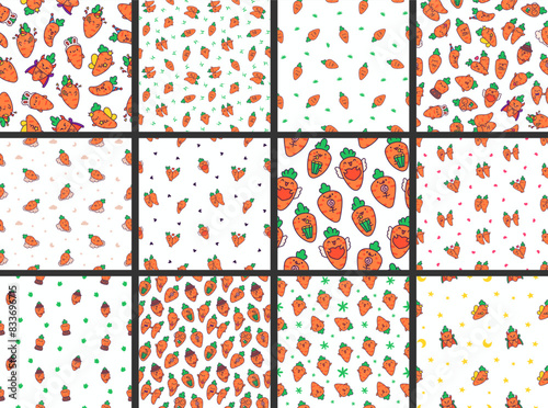 Kawaii carrot with funny faces. Seamless pattern. Cute cartoon happy food characters. Hand drawn style. Vector drawing. Collection of design ornaments.