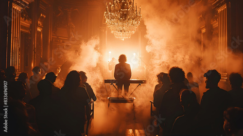 A group of spectators surround the musician performing on stage, smoke and special effects give the performance a mesmerizing effect