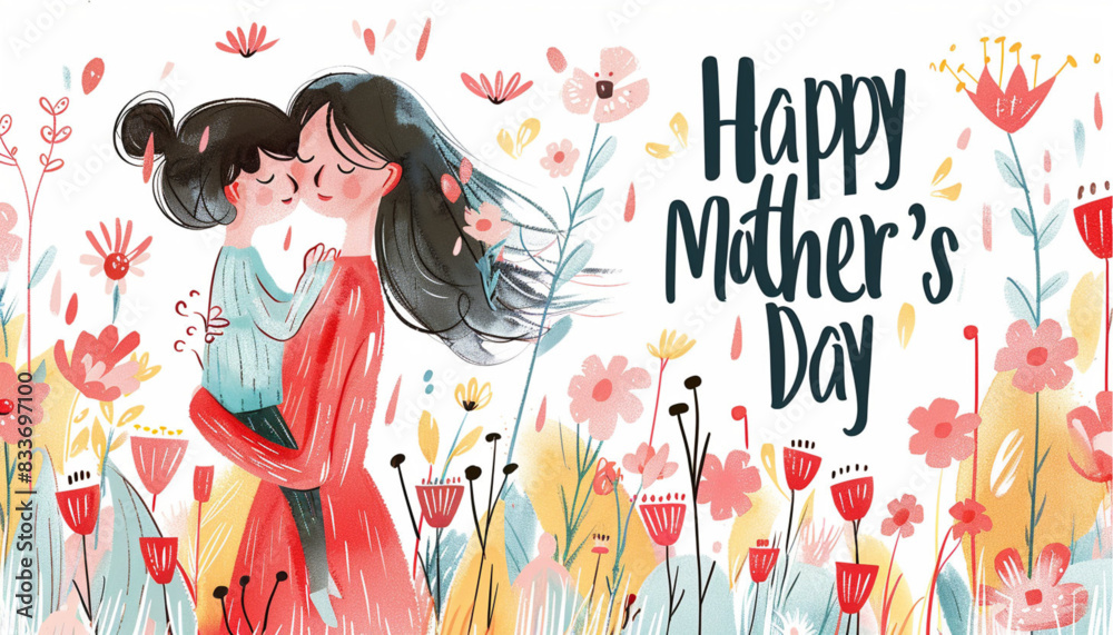 Fototapeta premium Happy mother's day banner. Mother holding a cuddling in her hands.