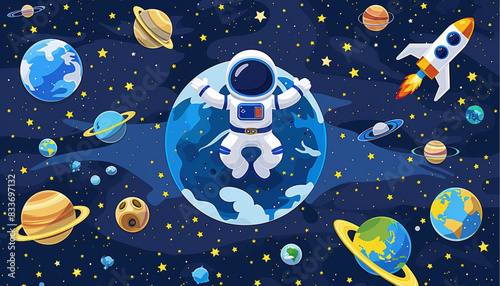 Astronaut in a space suit is flying in space next to planets and stars. Vector illustration