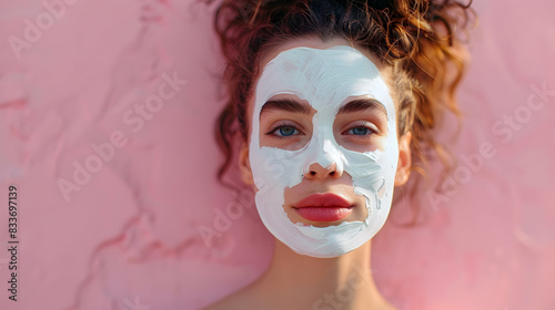 Photo Realistic Beauty Blogger Applying Mockup Face Mask, Highlighting Detoxifying and Hydrating Benefits. Ideal for Skincare and Beauty Ads Stock Photo Concept