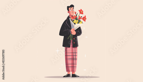 Cute men giving flowers as gift. Young and elderly admirers or adorers giving beautiful bouquets. People with romantic gifts. Flat cartoon colorful vector illustration. photo