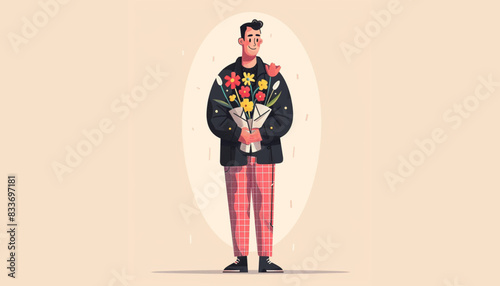 Cute men giving flowers as gift. Young and elderly admirers or adorers giving beautiful bouquets. People with romantic gifts. Flat cartoon colorful vector illustration. photo