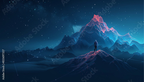 Digital mountain with a flag and a professional climbing businessman on the top. Abstract goals achievement and ambitions concept. Technology dark blue background with peaks and constellations.