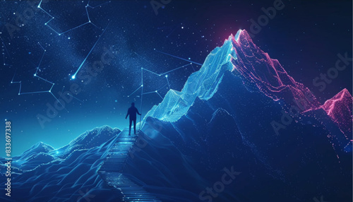 Digital mountain with a flag and a professional climbing businessman on the top. Abstract goals achievement and ambitions concept. Technology dark blue background with peaks and constellations.