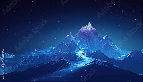 Digital mountain with a flag and a professional climbing businessman on the top. Abstract goals achievement and ambitions concept. Technology dark blue background with peaks and constellations.