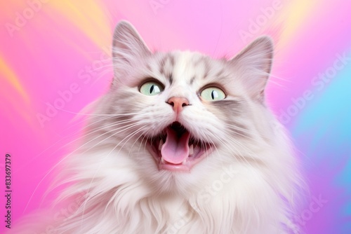 Portrait of a smiling singapura cat in pastel multicolor background