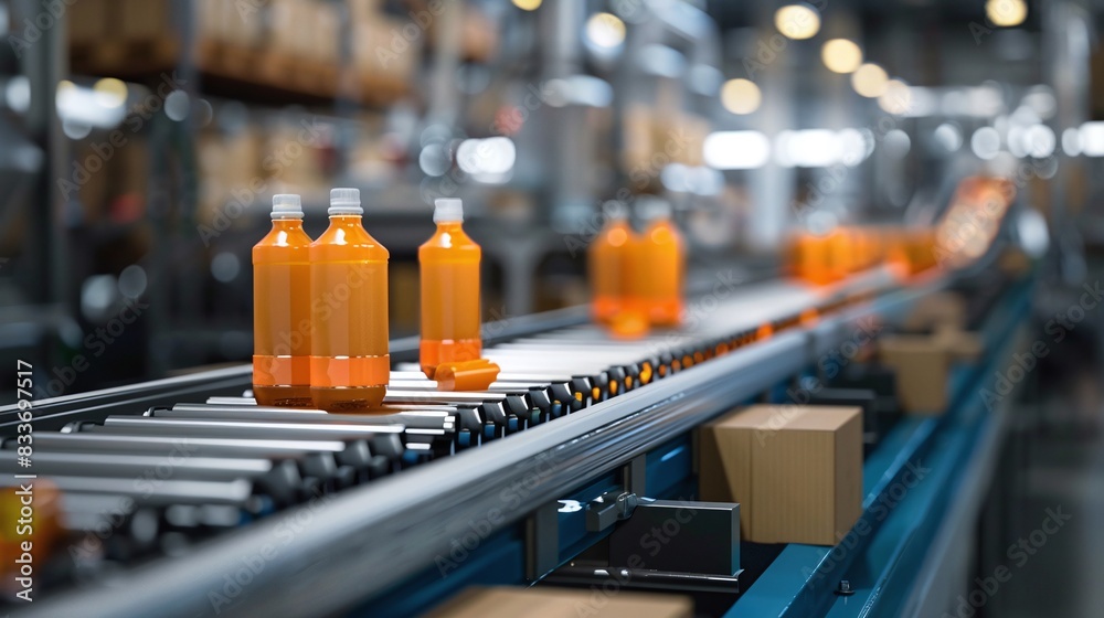 packaging with bottles on conveyor belt in factory industry