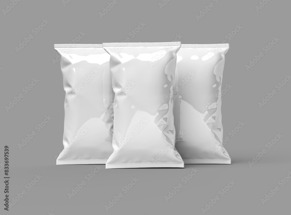 3D render of a pillowy snack packaging bag on a grey background 3D render of a pillowy snack packaging bag on a grey background