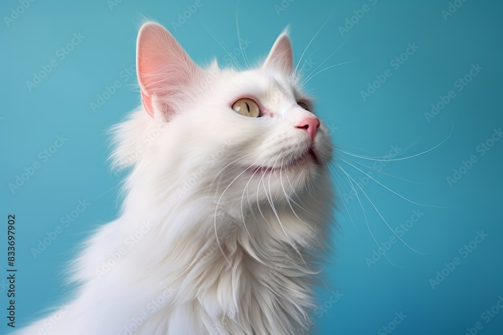 Portrait of a happy turkish van cat isolated in soft blue background