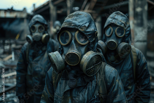 Three people in hazmat suits and gas masks stand in a desolate, post-apocalyptic environment.