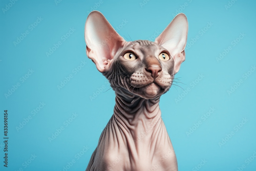 Portrait of a happy peterbald cat isolated in soft blue background