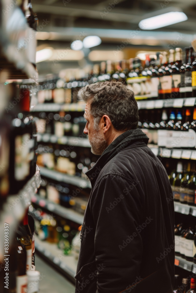 Back view of man looking at bottle of wine or beer in supermarket. Back view of man looking at bottle of wine or beer in supermarket.