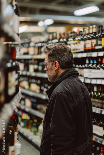 Back view of man looking at bottle of wine or beer in supermarket.