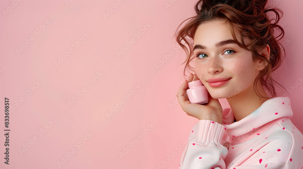 Photo Realistic Beauty Influencer Showcasing Mockup Micellar Water for Gentle and Effective Cleansing Ideal for Skincare and Beauty Advertising Photo Realistic Beauty Influencer Showcasing Mockup Micellar Water for Gentle and Effective Cleansing Ideal for Skincare and Beauty Advertising