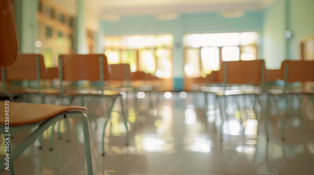 School classroom in blur background without young student. Blurry view of elementary class room no kid or teacher with chairs and tables in campus. Back to school concept School classroom in blur background without young student. Blurry view of elementary class room no kid or teacher with chairs and tables in campus. Back to school concept