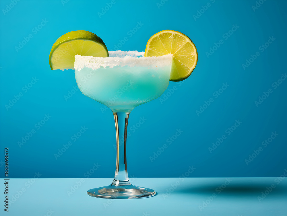 A Glass blue margarita juice, Refreshing and healthy blue margarita juice with ice in a glass with a summer background
