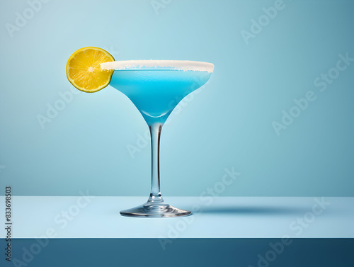 A Glass blue margarita juice, Refreshing and healthy blue margarita juice with ice in a glass with a summer background