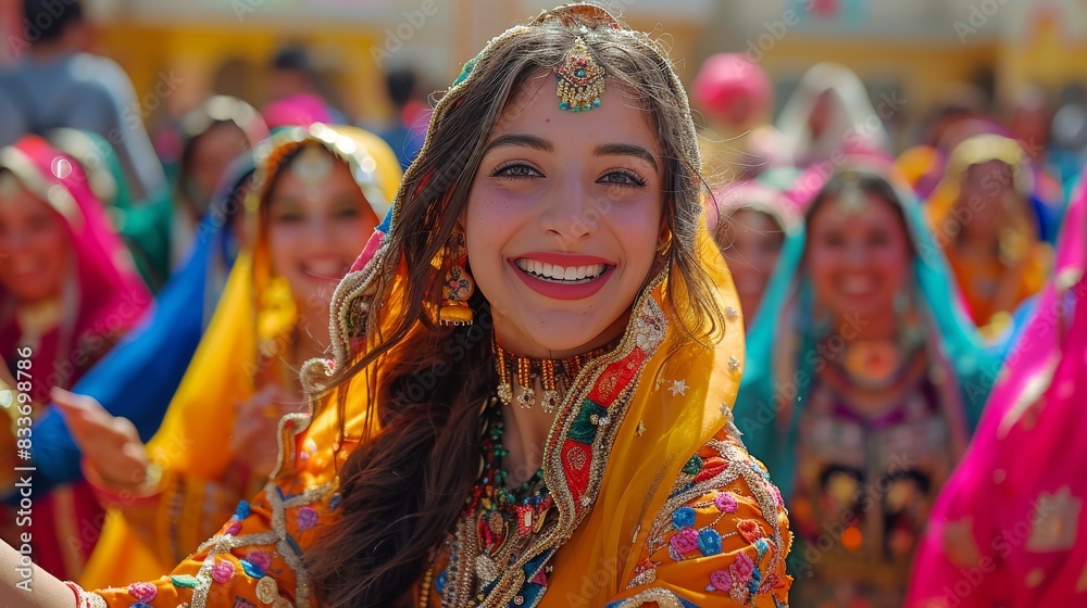 Obraz premium Festive Celebration with Pakistani Women at Denmark Event MELA - Colorful Shalwar Kameez and Joyful Dancing