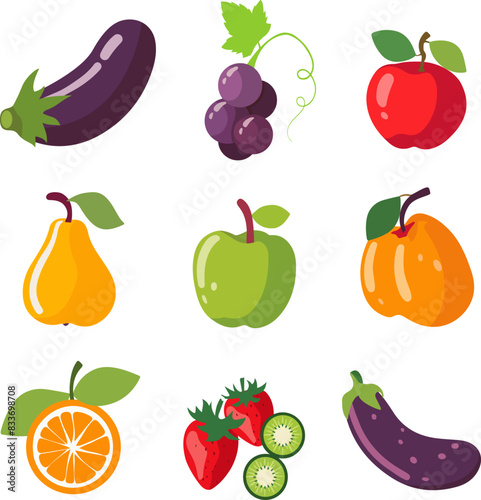 Fruits and vegetables collection. Illustration in flat style. Cute colorful vector illustration template with different types of fruits and vegetables