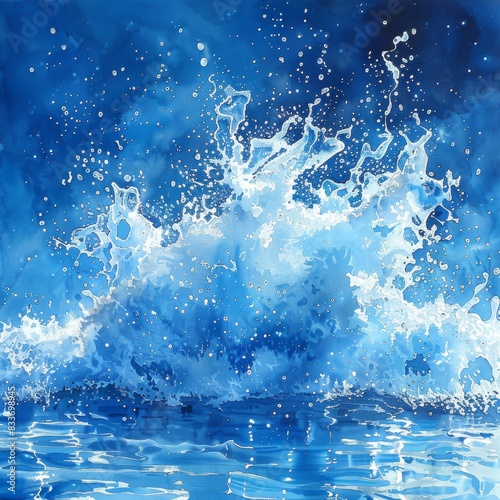 Serene Water Pouring Closeup in Traditional Watercolor with Detailed Waves Foreground
