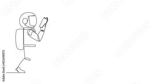 Animated self drawing of single line drawing astronaut walking reading the book. Gesture of memorizing something from a book. Read anywhere. Addicted to reading. Full length single line animation